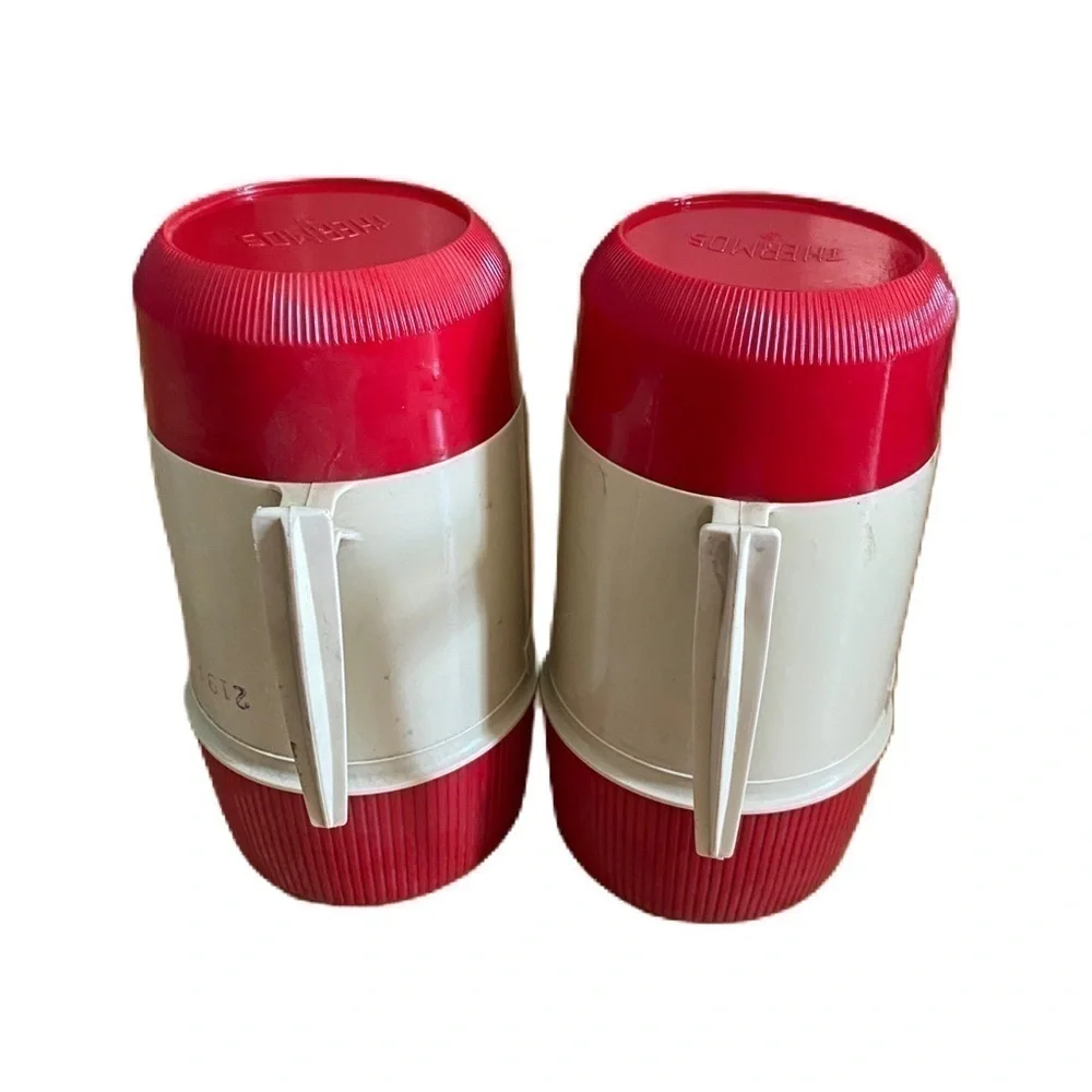 Vintage Thermos Vacuum Jar Bottle Set of 2 6202 Red Tan 1 Pint Wide Mouth